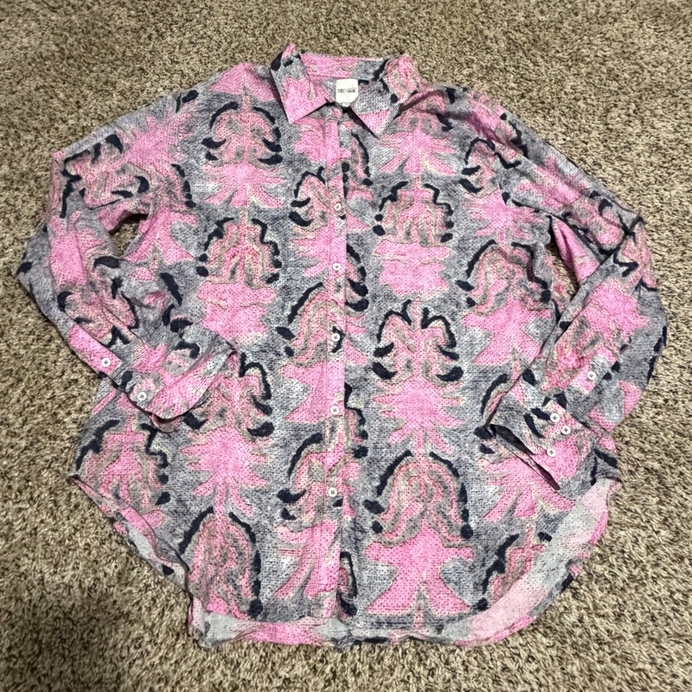 NIC+ZOE Pink Grey Abstract Cotton Button Down Shirt Long Sleeve Womens Medium